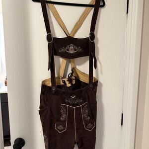 Chubbies Men’s Leather Lederhosen Shorts Brown Embroidered Suspenders Size L